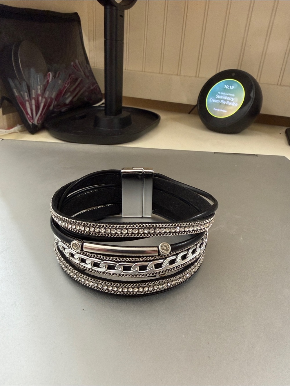 Black crystals vegan leather magnetic wrap bracelet.  Never worn